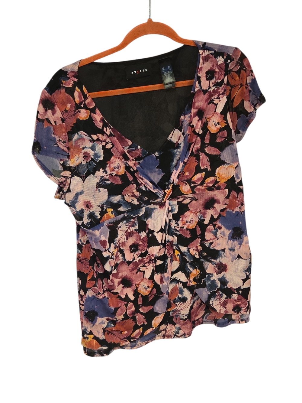 Axcess Paris Floral V-Neck Cap Sleeve Blouse - Black, Pink, Purple, Blue